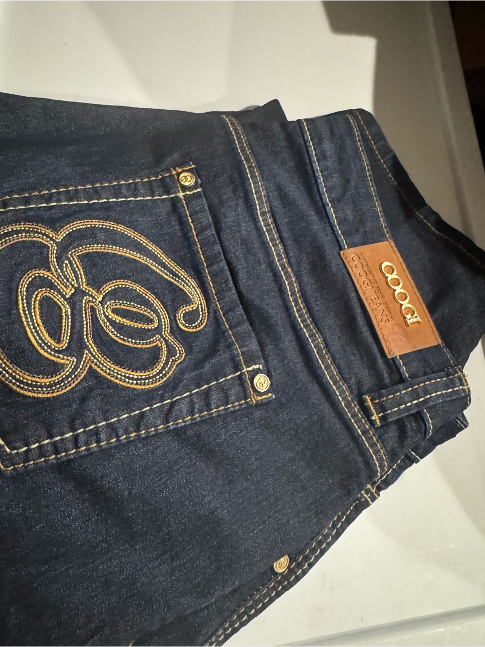 NWOT COOGI Women's Dark Blue Denim Jeans with Gold Stitch Embroidery